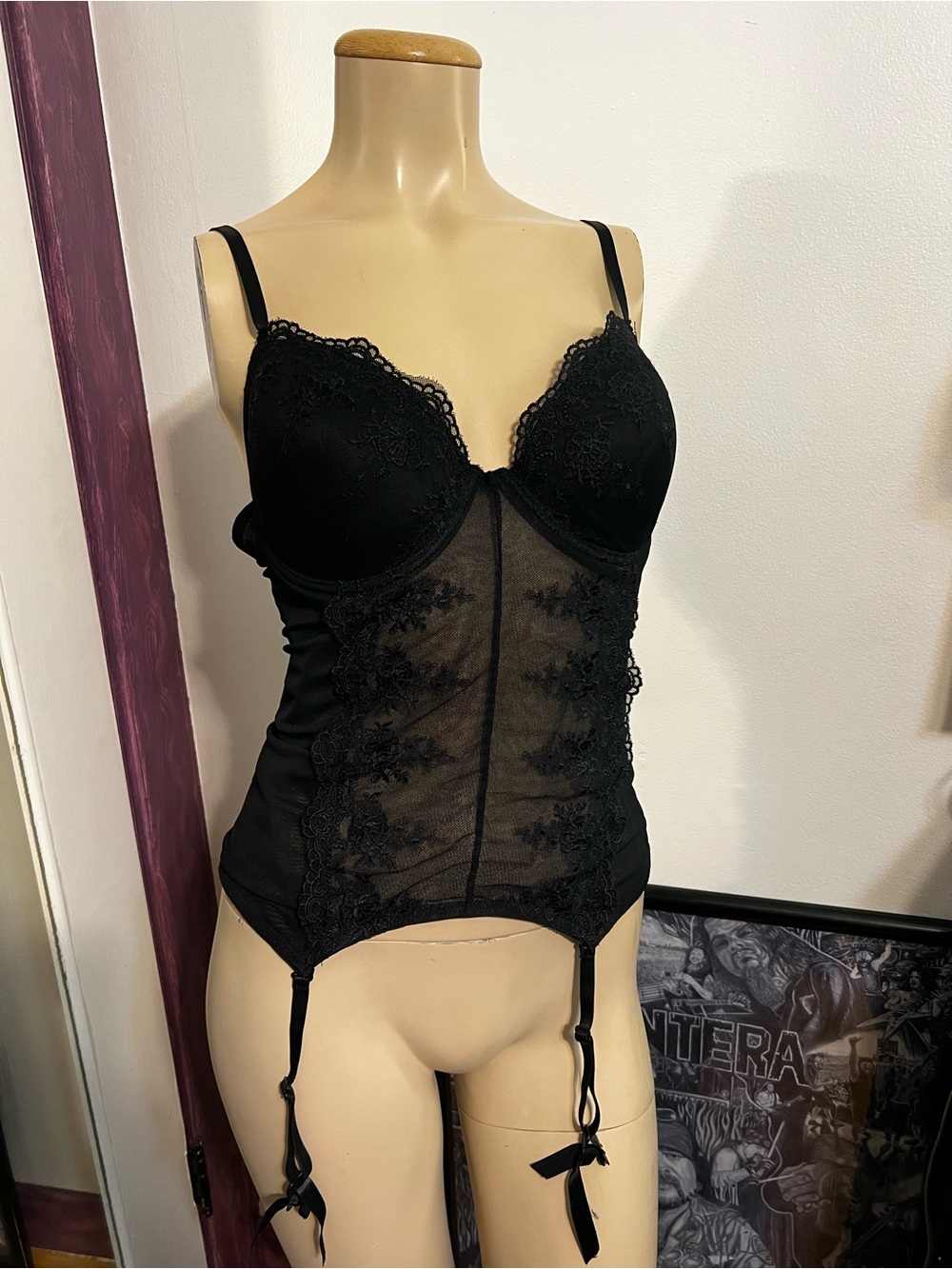 Black Lace Garter Bodysuit with Sheer Floral Panel - Women Intimates